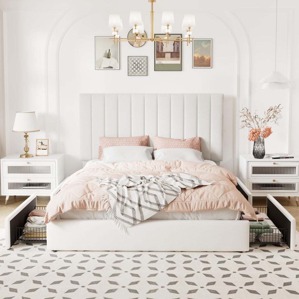 White Velvet Queen Size Storage Bed Frame with 4 Underbed Drawers Y219290