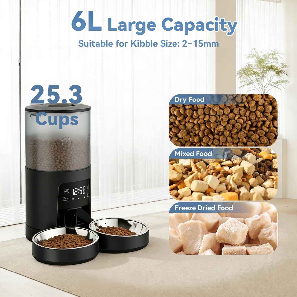 6L Automatic Cat Feeder with 2 Stainless Bowls Black P1144