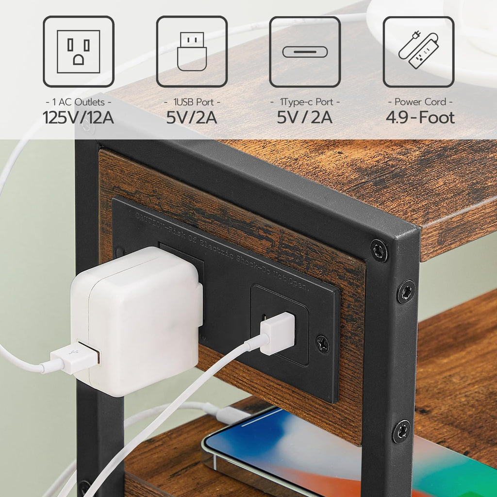 Small Narrow Side Table with Charging Station and Storage Shelf L2679