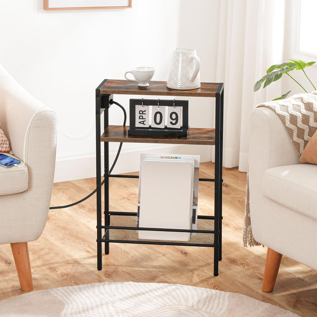 Small Narrow Side Table with Charging Station and Storage Shelf L2679