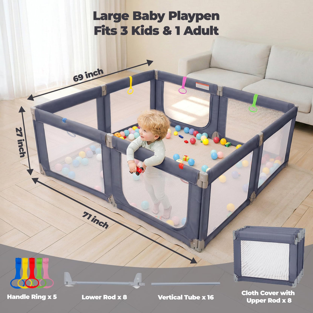 Foldable Baby Playpen 71"×69" Grey N957
