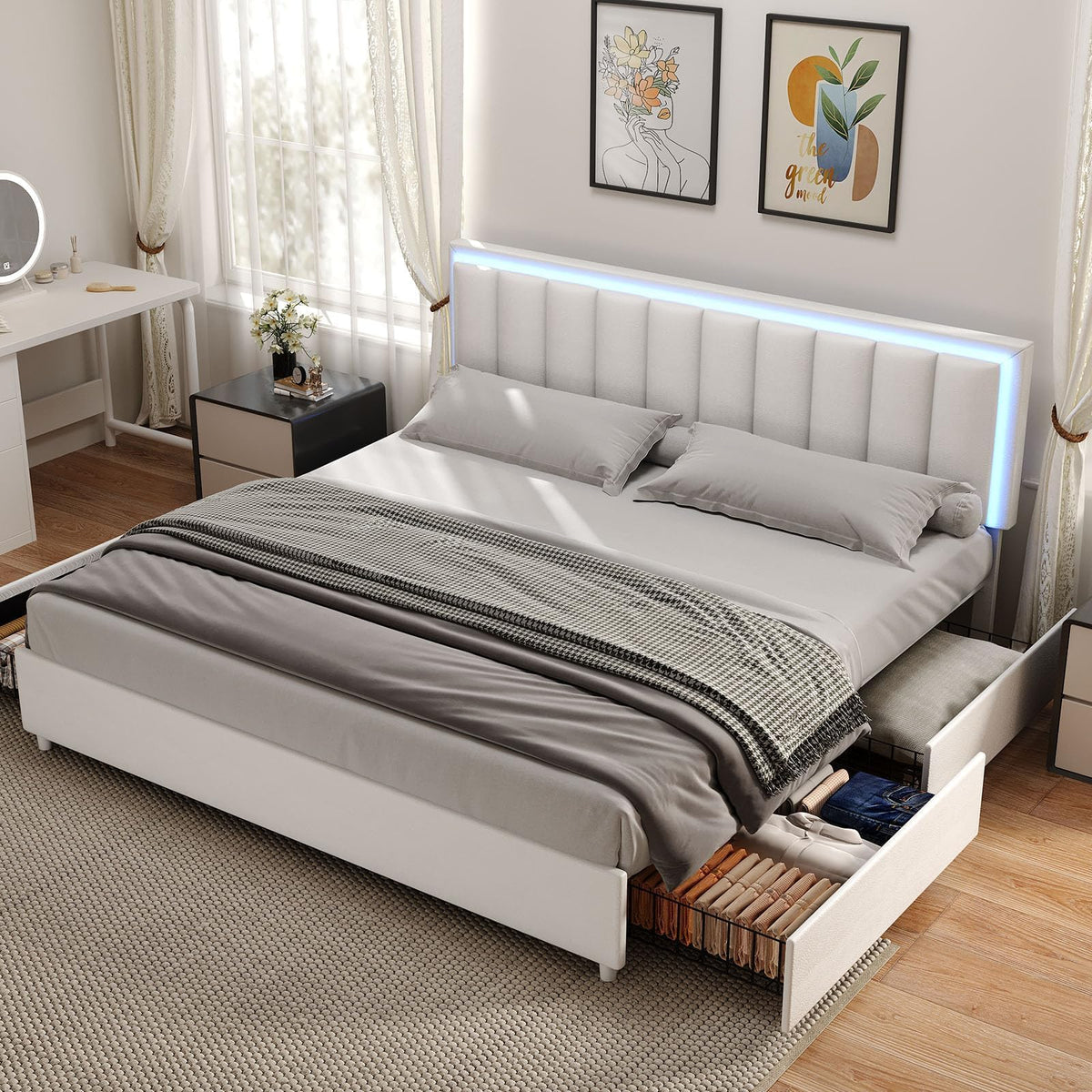 White Faux Leather Upholstered Platform Bed Frame with Headboard and 4 Storage Drawers B449