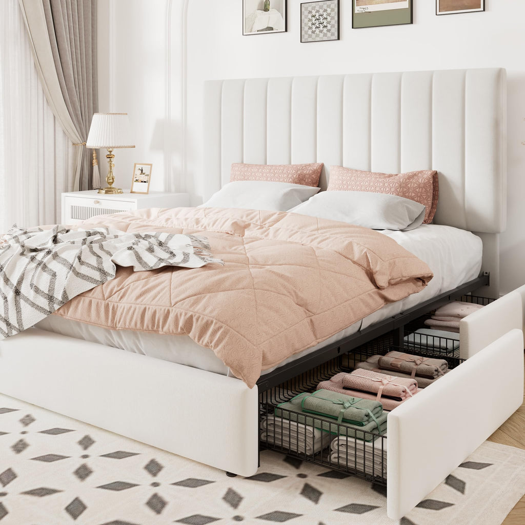 White Velvet Queen Size Storage Bed Frame with 4 Underbed Drawers Y219290