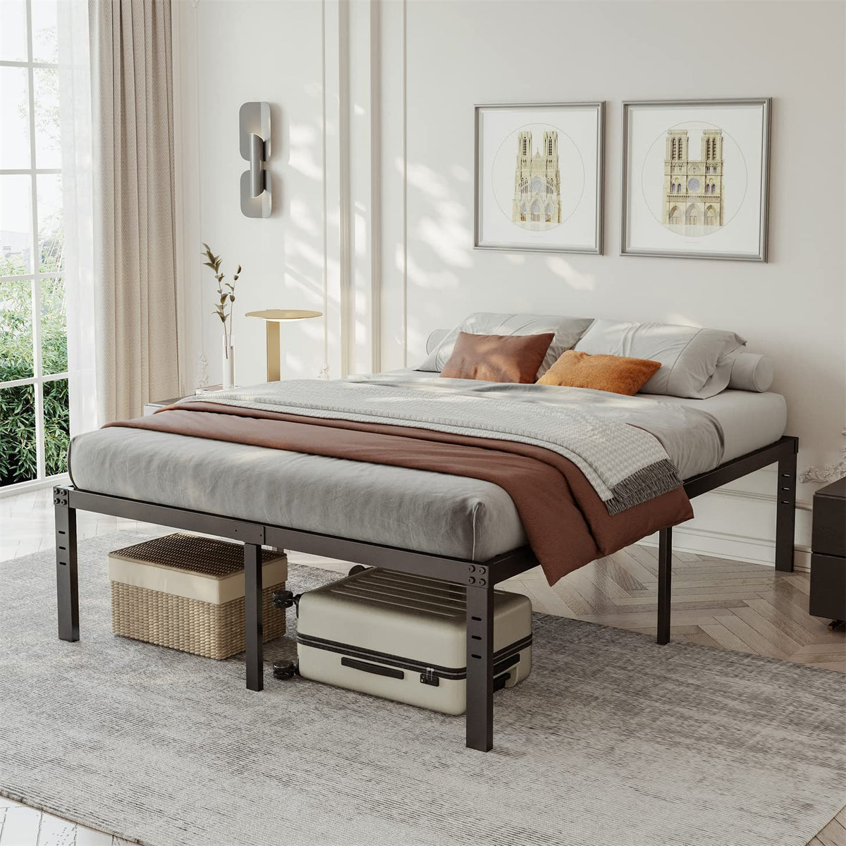 Queen Size 18 inch Tall Black Storage Bed Frame with Steel Slats M8623
