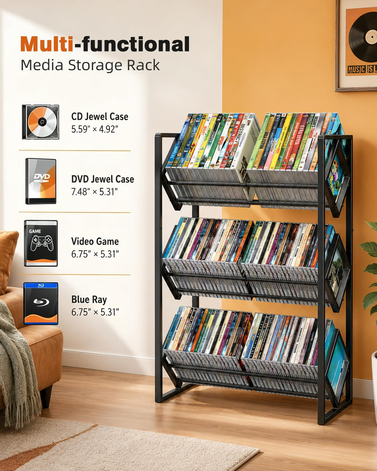 3-Tier CD Storage Metal Display Shelf with Adjustable Divider G180994