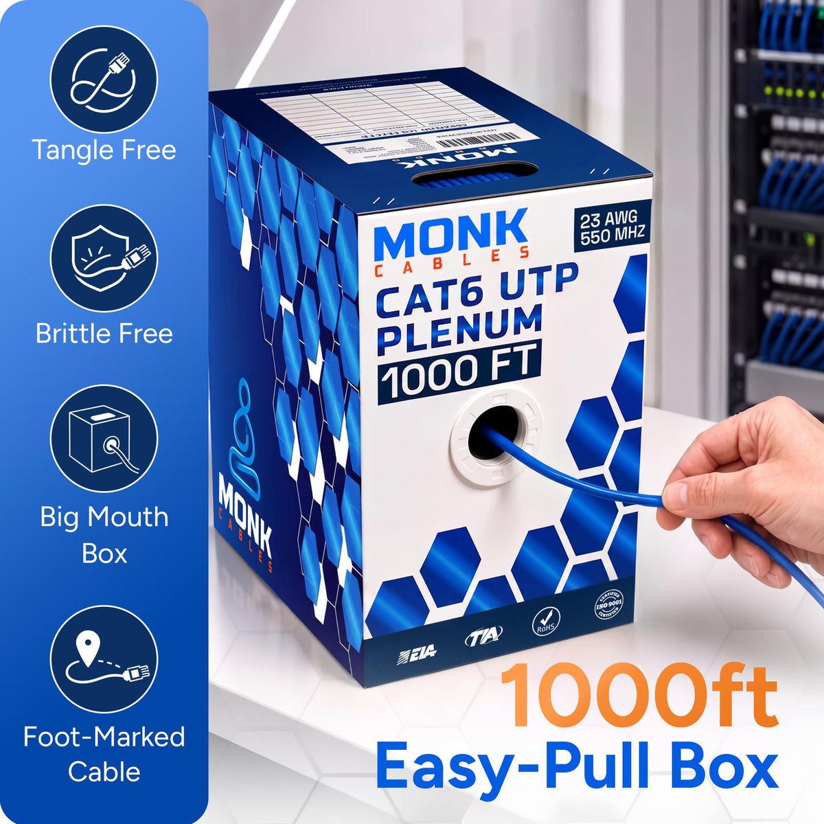 CAT6 Plenum Cable 1000ft UTP 23AWG 550MHz Blue K8762