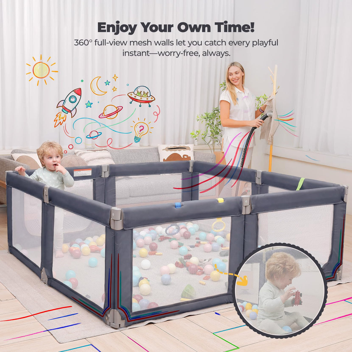 Foldable Baby Playpen 71"×69" Grey N957