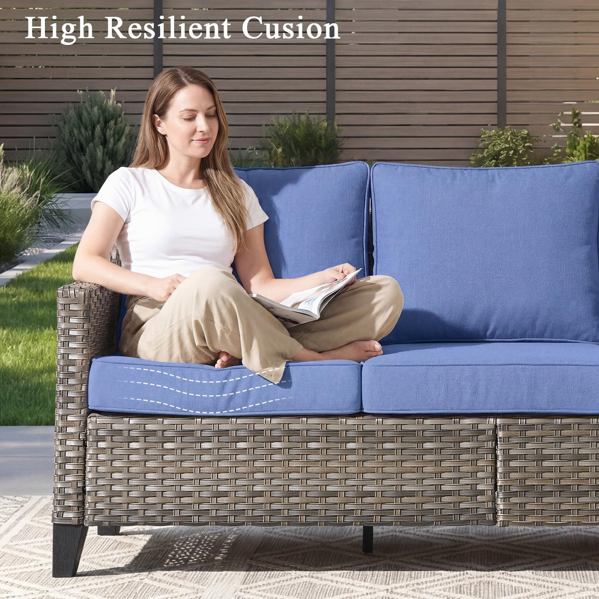 3 Pieces All Weather Wicker Patio Sofa Set with 2 Footstools R927