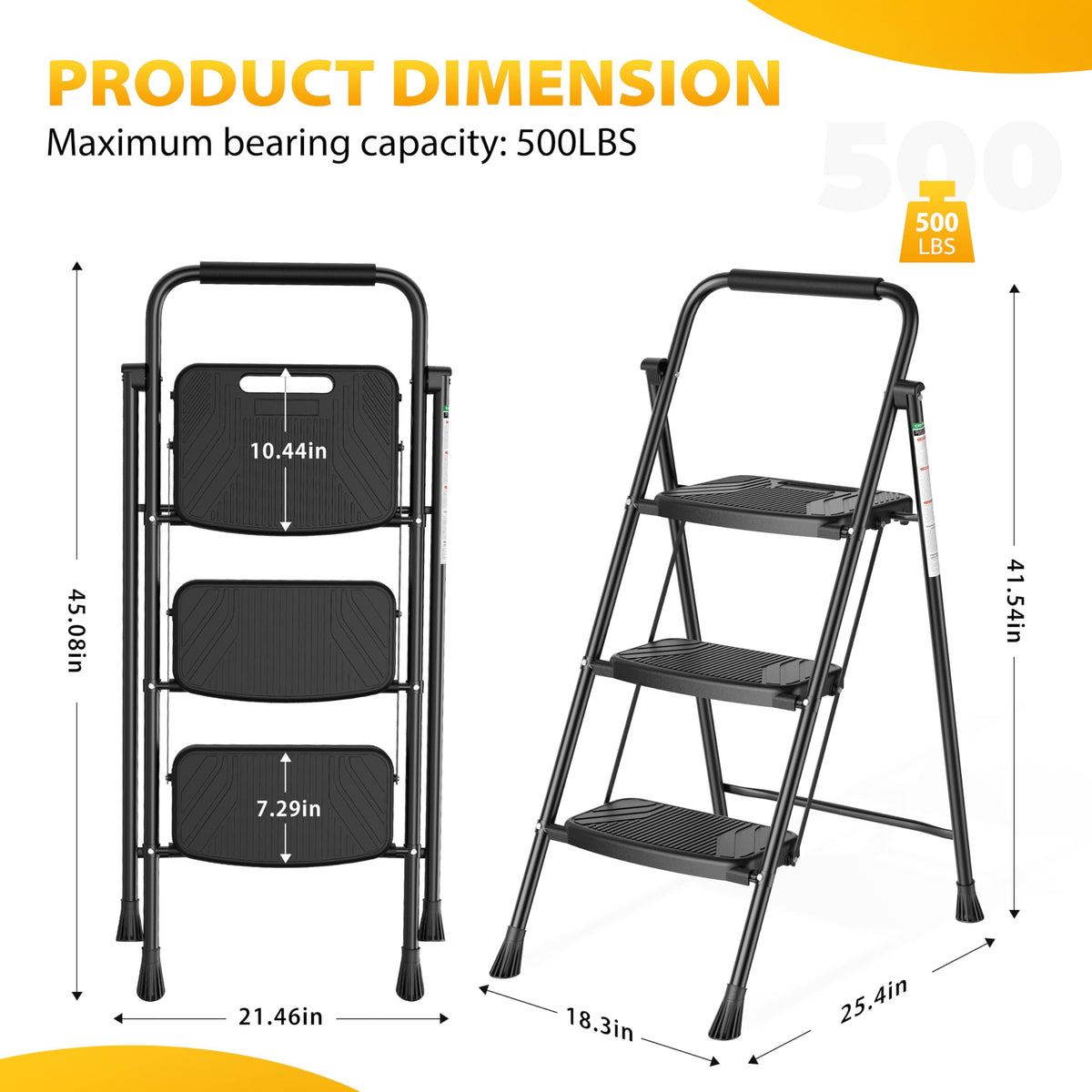 Folding Steel 3-Step Ladder with Handrail A9924