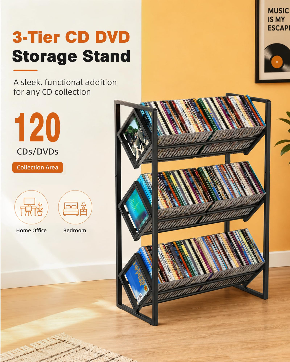 3-Tier CD Storage Metal Display Shelf with Adjustable Divider G180994