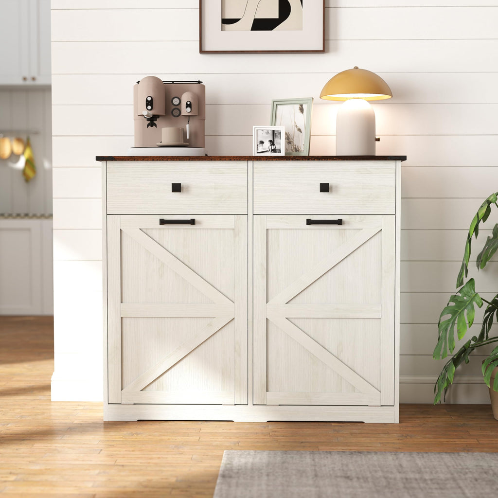 20 Gallon White Wooden Double Tilt Out Trash Can Cabinet with 2 Drawer Z126136