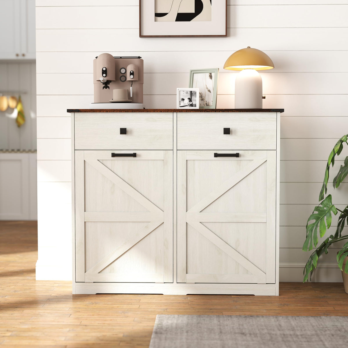 20 Gallon White Wooden Double Tilt Out Trash Can Cabinet with 2 Drawer Z126136
