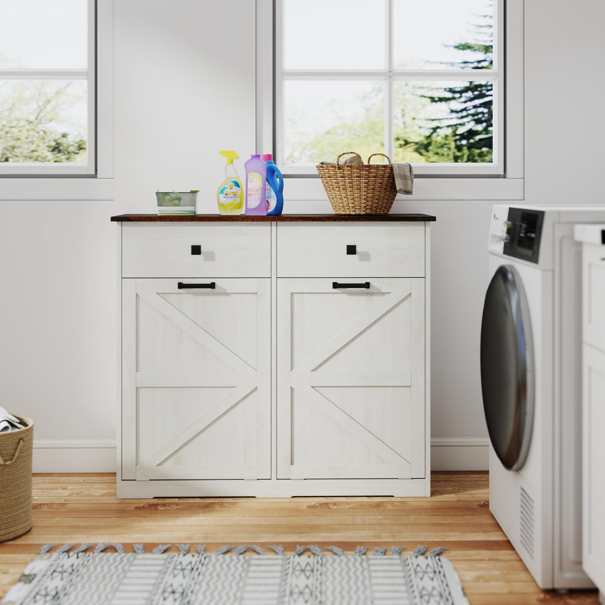 20 Gallon White Wooden Double Tilt Out Trash Can Cabinet with 2 Drawer Z126136