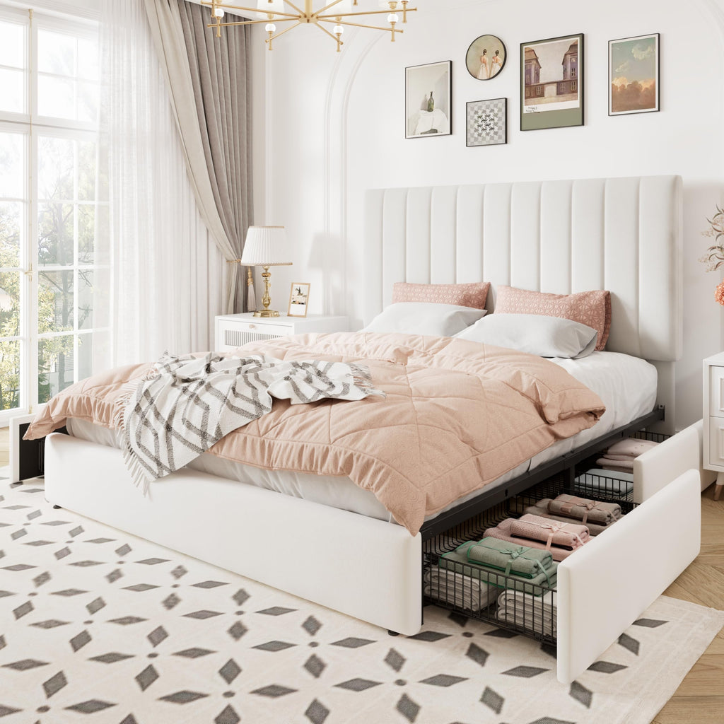 White Velvet Queen Size Storage Bed Frame with 4 Underbed Drawers Y219290