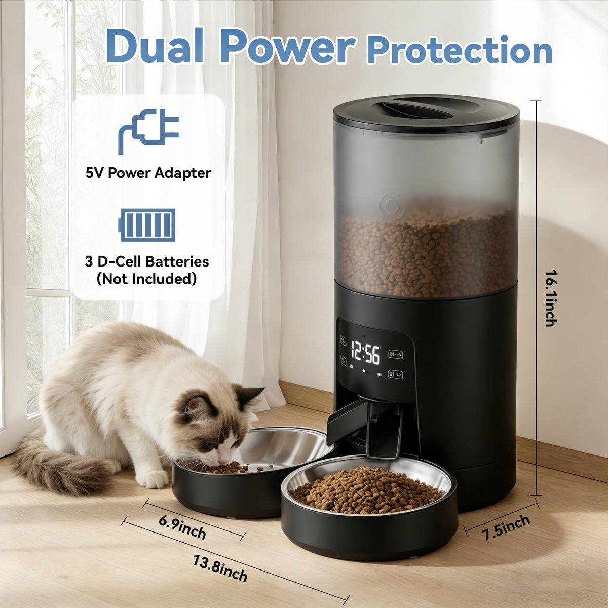 6L Automatic Cat Feeder with 2 Stainless Bowls Black P1144