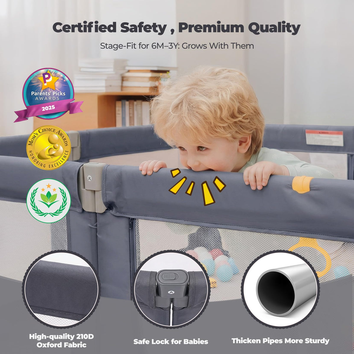 Foldable Baby Playpen 71"×69" Grey N957