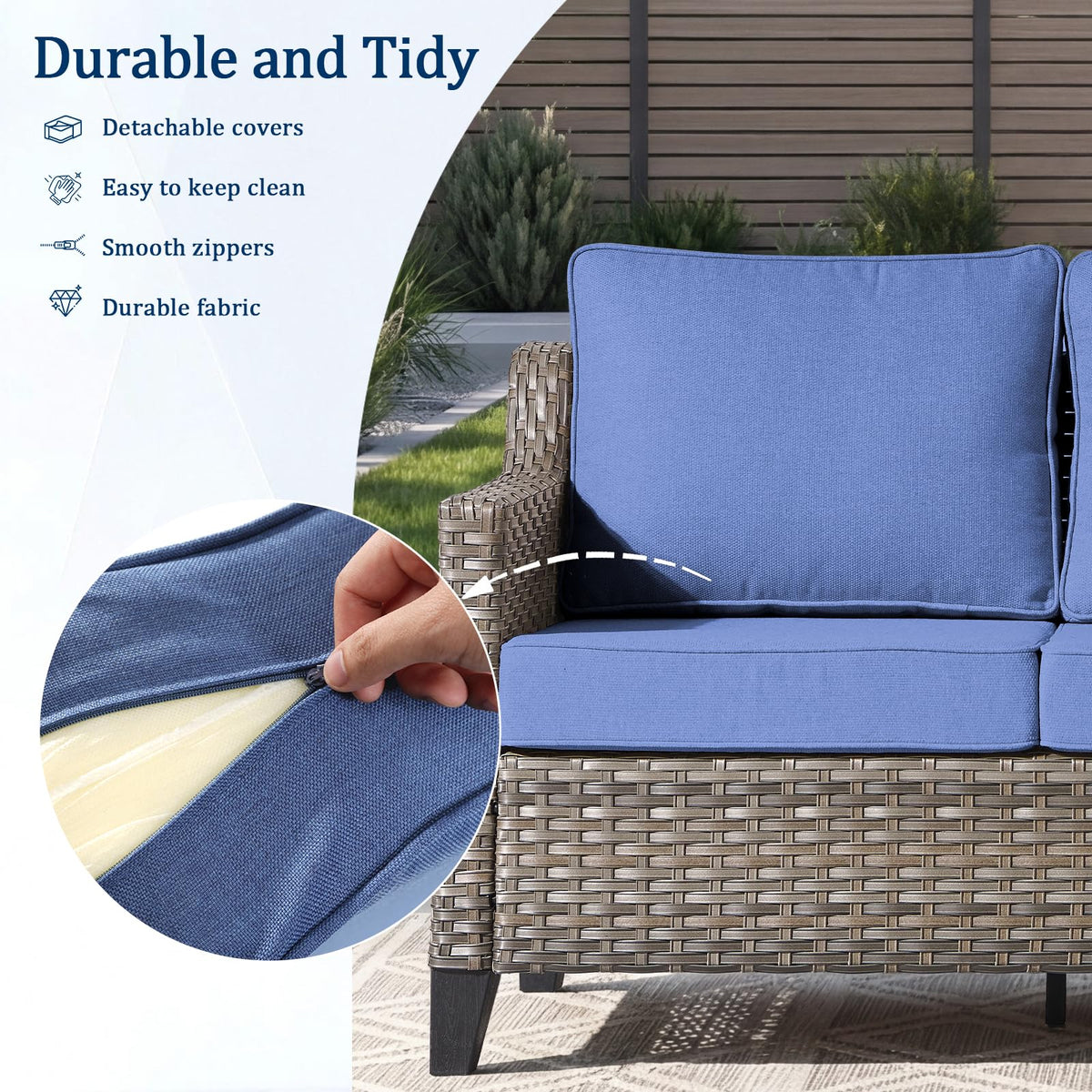 3 Pieces All Weather Wicker Patio Sofa Set with 2 Footstools R927
