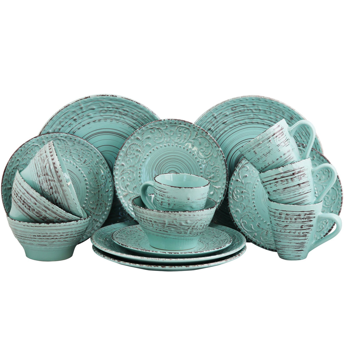 Turquoise 16 Piece Embossed Stoneware Dish Set S690