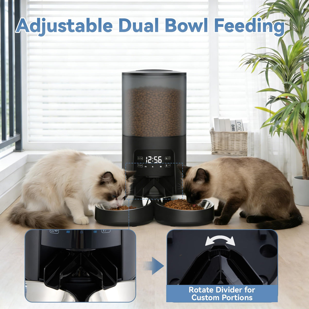 6L Automatic Cat Feeder with 2 Stainless Bowls Black P1144