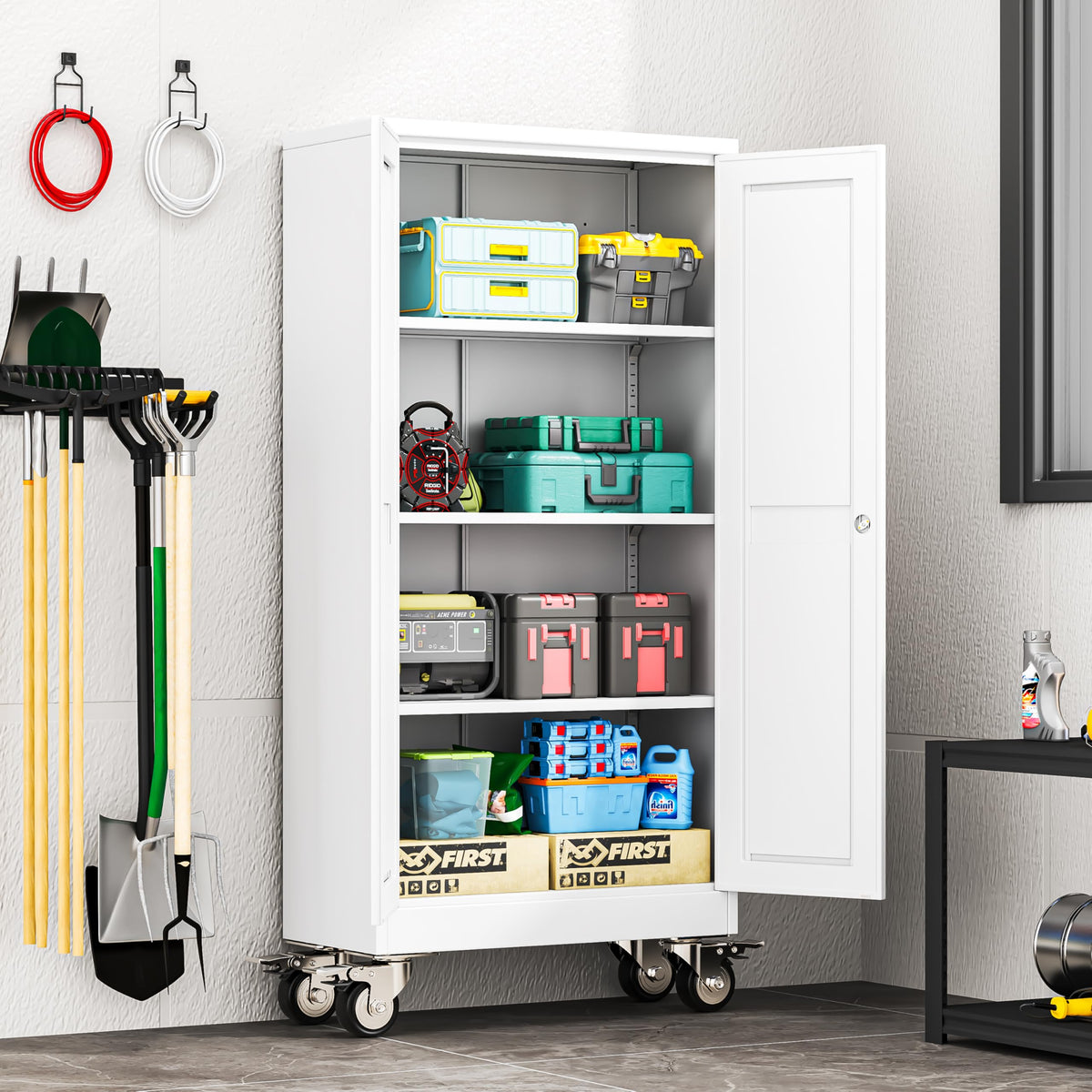 61" Metal Rolling Storage Cabinet with 2 Doors and Wheels W3444