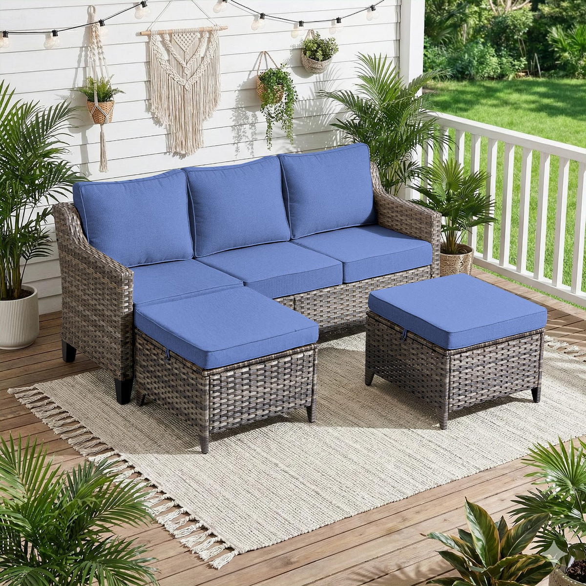 3 Pieces All Weather Wicker Patio Sofa Set with 2 Footstools R927